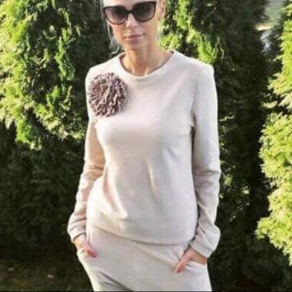 Light Brown Velour Sweater with Big Flower